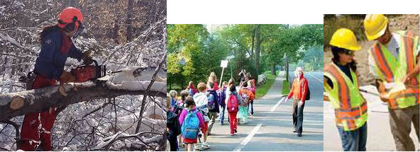 A series of 3 photos. Left to right; the first photo is of someone using a chainsaw to cut a fallen tree in snowy conditions, the second phot is a group of kids walking to school, and the 3rd photo is of 2 people in hardhats talking to each other.