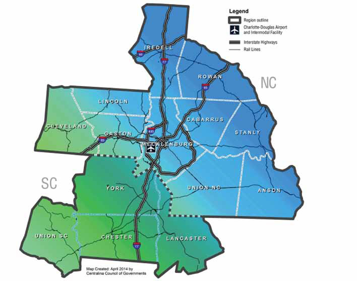 Map of the Charlott area showing airports, interstate, and rail lines.