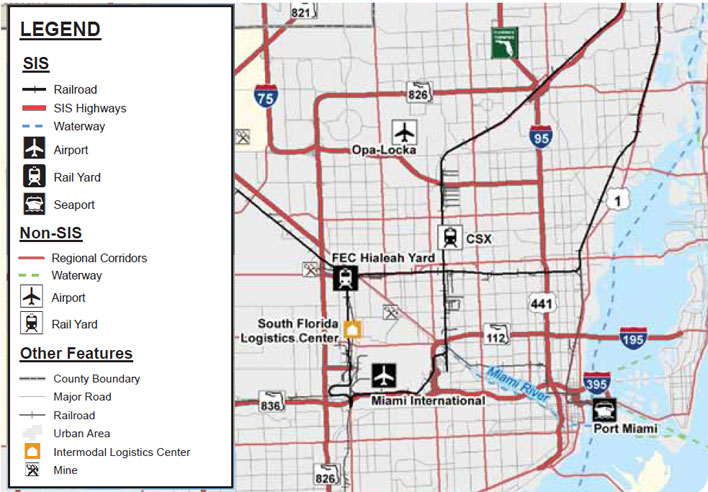 Map of the Miami area showing: railroads, highways, waterways, airports, rail yards, seaports, intermodal logistics center and mines.