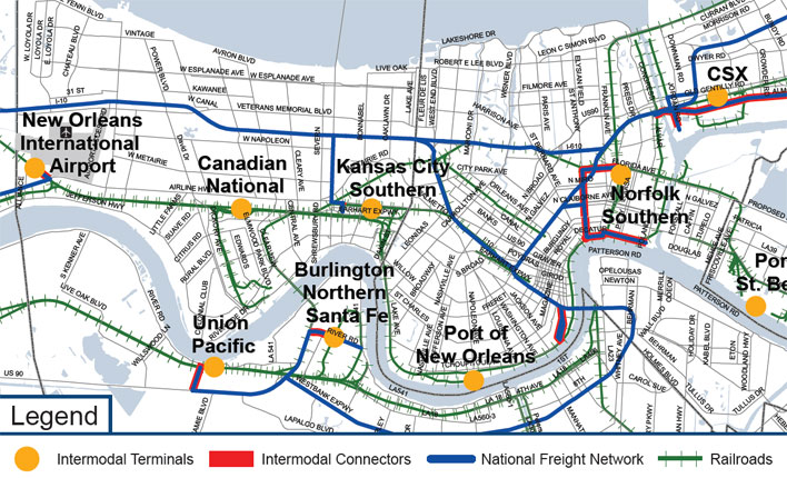 Map of New Orlens showing intermodal terminals, intermodal connectors, national freight network roads and railroads.