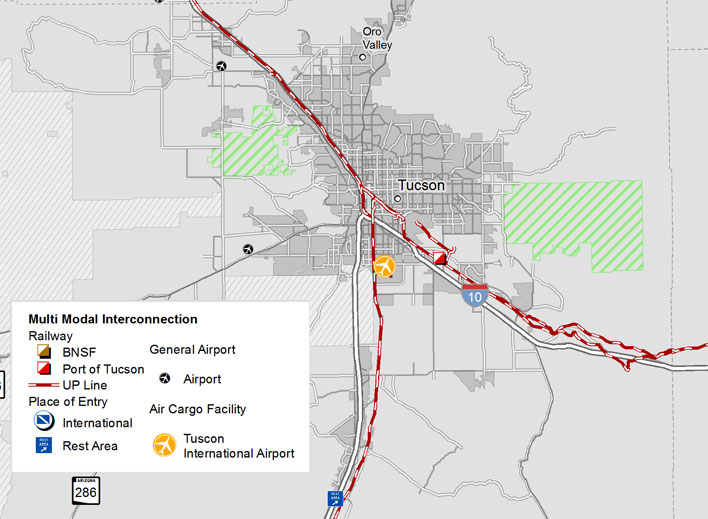 Map of Tucson showing: railroads, highways and airports