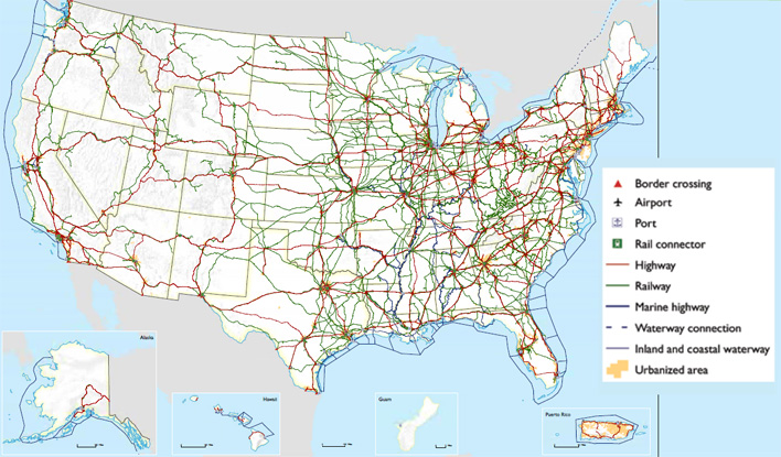 Map of the United States showing border crossings, airports, ports, rail connectors, highways, railways, marine highways, waterway connections, inland and costal waterways, and ubanized areas.