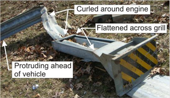 Photo 43 shows damaged guardrail and terminal for Case #5A001
