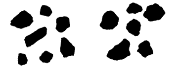 Figure 2.2. Photo. Dark and light1.18 mm (ASTM #16 sieve) aggregates used in Experiment 2. Two white squares are shown side by side. The square on the left is labeled “dark aggregate” and shows several silhouettes of dark aggregate on a white background. The square on the right is labeled “light aggregate” and also shows several silhouettes of aggregate on a white background.