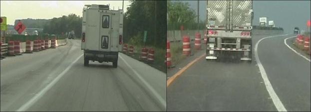 Figure 21. Photos. View of the AWP (left) and standard pavement marking (right) double-lane crossover. Figure 21. Photos. View of the AWP (left) and standard pavement marking (right) double-lane crossover.