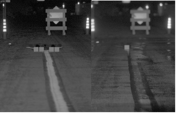 These imaging photometer snapshots illustrate the conventional paint and bead pavement marking under dry and rainy conditions with diffuse reflective panels placed adjacent to the marking at 45 meter distance from the vehicle.