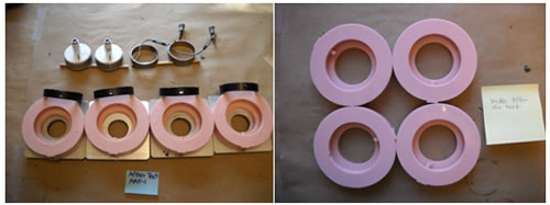 Figure 10. Photos. ABCD silicone molds and rings after No-Trim ABCD test. The photo on the left shows silicone molds, the tested specimens, and the ABCD rings (two regular rings and two open rings-labeled "After Test AAF-1." The photo on the right shows four silicone molds labeled "Molds after the test.