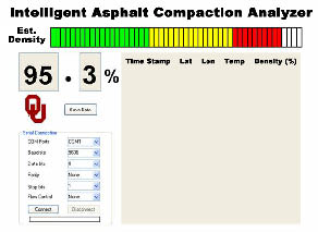 screen shot of the IACA User Display. The display provides the current position of the roller, latitude and longitude, the temperature of the asphalt map, and the compacted density of the map.