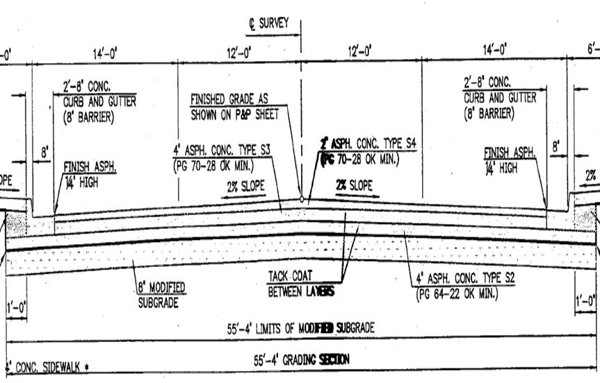 The cross section of the Tecumseh Road is shown in Figure 23. Approximately fifty five feet of the subgrade is first modified with 12% fly ash to a depth of eight inches. The modified subgrade is then sealed by an application of prime coat. A four inch base layer is compacted using a type S2 (PG 64-22 OK) asphalt mix. This is followed by the construction of a four inch intermediate lift using type S3 (PG 70-28 OK) asphalt mix and surfaced with a two inch type S2 (PG 70-28 OK) asphalt mix. Each driving lane is 12 feet wide and the shoulder is 14 feet wide. Left turn lanes of 12 feet width are also constructed on select sections of the road.