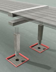 Figure 4. Diagram. HfL precast bent concept, spread footing option â€“ exploded view. The components of a fully precast bridge system are shown in relation to each other, in particular, the types of connections used (for example, the socket connection at the footing and the grouted bar connection at the cap beam).