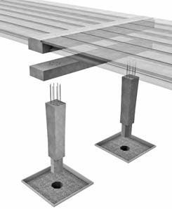 Figure C-1. Drawing. Precast Bent System, Exploded View. The components of a fully precast bridge system are shown in relation to each other, in particular showing the types of connections used (for example, socket connection at the footing and grouted bar connection at the cap beam).