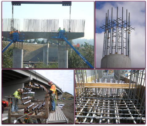 Figure 6. Photos. Precast bent cap under construction in Washington State. A composite photograph showing the construction the various stages of a precast bent cap being constructed.