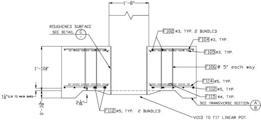 Figure 19. Diagram. Details of test specimen SF-2. Footing reinforcing details for socket footing test specimen SF-2 showing reduced footing shear reinforcement and no footing bottom mat bars running through the bottom of the column.