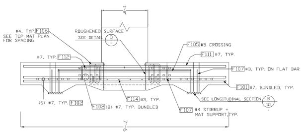 Figure 21. Diagram. Specimen SF-3, section parallel to load direction. Footing reinforcing details for socket footing test specimen SF-3, showing reduced footing depth and reinforcement.