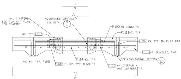 Figure 21. Diagram. Specimen SF-3, section parallel to load direction. Footing reinforcing details for socket footing test specimen SF-3, showing reduced footing depth and reinforcement.