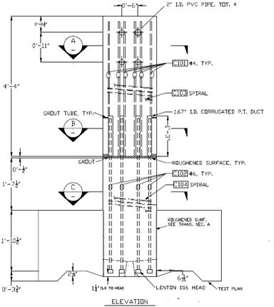 Figure 29. Diagram. Precast column elevation and splice location. Reinforcement details of the column splice. Longitudinal bars in the column segment are grouted into ducts in the upper column segment. Upper segment longitudinal bars lap splice with the lower bars on either side of the grouted ducts.