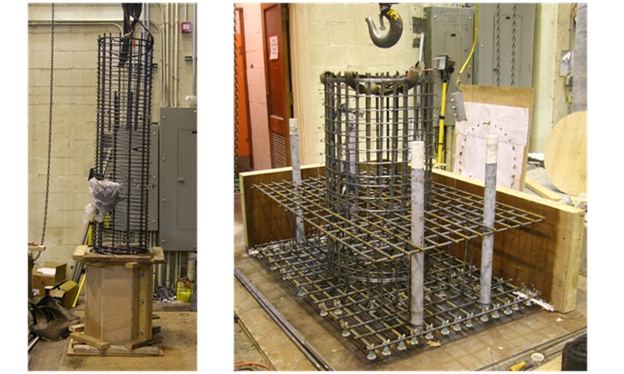 Figure 33. Photos. Column reinforcement (left) and shaft-footing reinforcement (right). The photo on the left shows the column reinforcing cage being tied, and the photo on the right shows the shaft and footing reinforcement before casting.