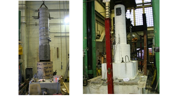 Figure 34. Photos. Specimen construction (left) and specimen testing (right). The photo on the left shows the precast column being lowered into the formwork of the splice region of the pile shaft. The photo on the right shows the entire test specimen affixed to the testing rig. Instrumentation is visible in the picture.