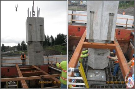 Figure 45. Photos. Construction sequence for placement of first precast column segment. The lower column segment is lowered into the footing excavation and supported by a steel HSS frame.