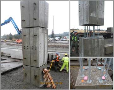 Figure 46. Photos. Construction sequence for placement of the column segments. The second and third column segments are lowered into place onto the first segment after the footing has been cast.