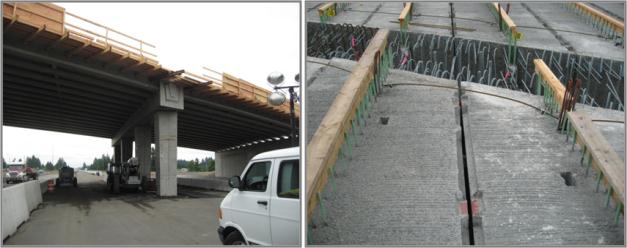 Figure 49. Photo. Placement of precast girders and preparation for deck slab topping concrete. The precast deck bulb tees are positioned on top of the precast cap beam. Reinforcement can be seen extending from the girders and the precast cap beam into the joint where the cast-in-place upper diaphragm will be poured.