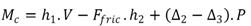 M subscript c equals the product of h subscript 1 times V minus the product of F subscript fric times h subscript 2 plus the product of parenthesis, Δ subscript 2 minus Δ subscript 3, close parenthesis, times P.