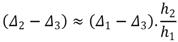 The difference of Δ subscript 2 minus Δ subscript 3 is approximately equal to the product of parenthesis, & Delta; subscript 1 minus Δ subscript 3, close parenthesis, times the quotient of h subscript 2 divided by h subscript 1.