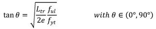 tanθ equals the square root of the quantity of L subscript tr divided by 2e times the quotient of f subscript ul divided by f subscript yt, with θ belongs to the interval from 0 degree to 90 degrees.