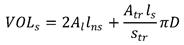 VOL subscript s equals 2 times A subscript l times l subscript ns plus the product of the quotient of A subscript tr times l subscript s divided by s subscript tr, times πD.