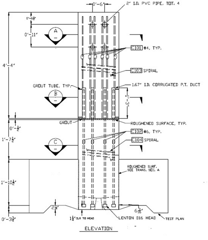 Reinforcement details of the column splice. Longitudinal bars in the lower column segment are grouted into ducts in the upper column segment. Within the upper segment, the longitudinal bars are lap spliced to the ducts.