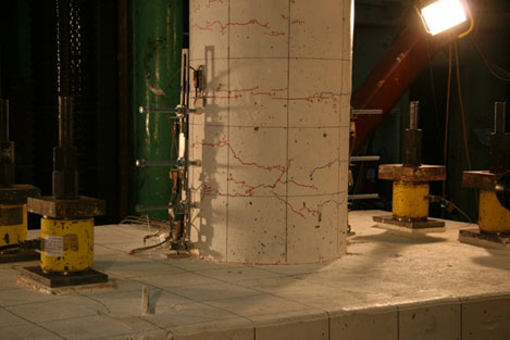 Photo shows flexural cracks in the precast column.