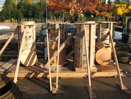 Specimens SF-1 and SF-2 were fabricated on a bridge construction site in the City of Redmond. This photo shows the column segments ready to be cast.
