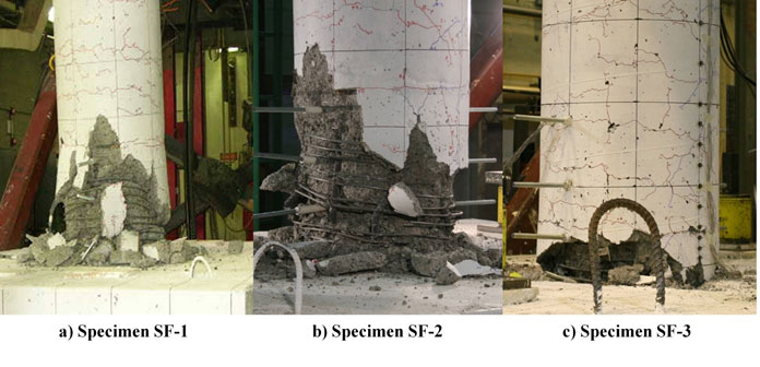 Comparison of column damage at the end of testing (a max peak displacement drift of 10.65 percent) for the three spread footing socket connection test specimens. Specimens SF-1 and SF-2 developed plastic hinges in the column above the foundation, while specimen SF-3 punched through the thin footing in combined punching shear and moment transfer.