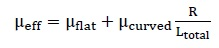 Mu subscript eff equals the sum of Mu subscript flat plus the product of Mu subscript curved times the quotient of R divided by L subscript total.