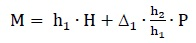 M equals the sum of the product h subscript 1 times H plus the product of the DELTA subscript 1 times the quotient of h subscript 1 divided by h subscript 2, end quotient, times P.