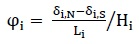 Phi subscript i equals the quotient of Delta subscript i,N minus Delta subscript i,S, end of sum, that sum divided by L subscript I, that quotient divided by H subscript i.