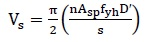 V subscript s equals p divided by 2 multiplied by the product of n times A subscript sp times f subscript yh times D prime divided by s.