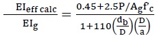 E times I subscript eff calc divided by the product E times I subscript g equals the quotient of the sum of 0.45 plus the product of 2.5 times the quotient of P divided by the product A subscript g times f prime subscript c, end of sum, divided by the sum of 1 plus the product of 110 times the quotient of d subscript b divided by D times the quotient of D divided by a, end of sum.