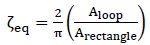 Xi subscript eq equals the product of the quotient 2 divided by pi, end of quotient, times the quotient of A subscript loop divided by A subscript rectangle, end of quotient.