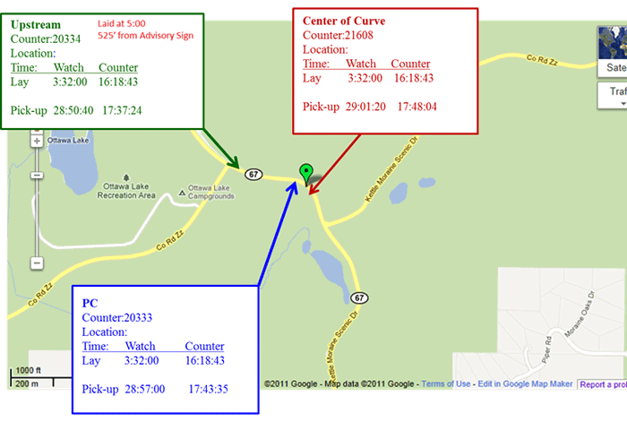 Composite image: Wisconsin Highway 67 1 month after implementation, showing table data pointing to map for upstream, point of curvature, and center of curve