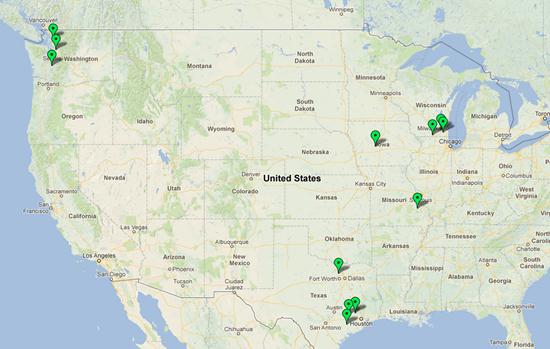 Map: Final test site locations in Washington, Texas, Missouri, Iowa, and Wisconsin