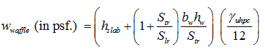 Figure 21. Equation. Self-weight of waffle deck for different rib spacing. Equation. w subscript waffle is equal to sum of h subscrit slab, b subscript w times h subcript w divided by S subscript tr, b subscript w times h subcript w divided by S subscript lr, multiplied by gamma subsript uhpc divided by 12.