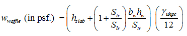 Figure 21. Equation. Self-weight of waffle deck for different rib spacing. Equation. w subscript waffle is equal to sum of h subscrit slab, b subscript w times h subcript w divided by S subscript tr,  b subscript w times h subcript w divided by S subscript lr, multiplied by gamma subsript uhpc  divided by 12.