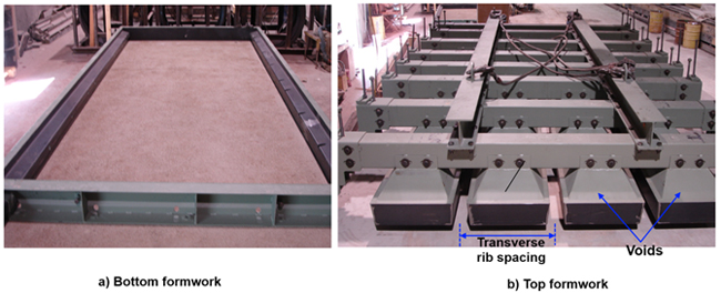 Photos shwoing the steel formwork used for waffle deck panel construction. Part a shows the bottom formwork, which is a strandrd open top design. Part b shows the top formwork consisting of voids.