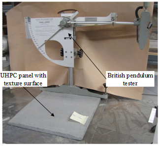 Photo of test setup for characterization of skid resistance of textures using British Pendulum tester.