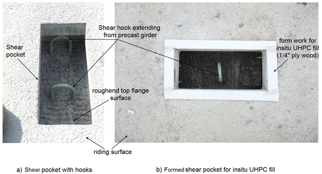 Photos showing close-up of shear pockets and shear hooks at Wapello County, Iowa waffle deck bridge