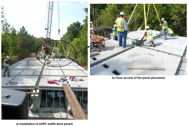 Figure. Photo of Placement of waffle deck panels on girders. part a shows a overall view of installation of panel. Part b shows the close up view of the panel palcement on girders