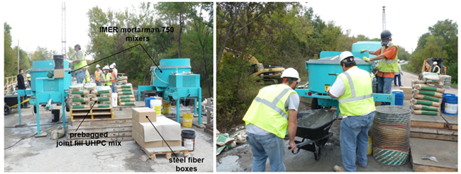 Photo showing batching of UHPC joint fill using IMER Mortarman 750 mixers in field