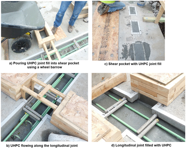 Photos showing the placement of UHPC in connections and completed connection regions. Part a shows the placement of UHPC in the shear pocket using the wheel barrow. Part b shows UHPC flowing along the longitudinal joint. Part c shows the shear pcoket filled with UHPC. Part D shows the longitudinal joint partially filled with UHPC.