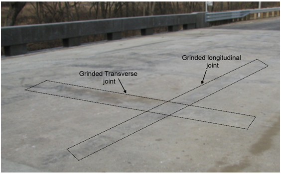 Photo showing close up of the grinded surfaces along the transverse and longitudinal joints.